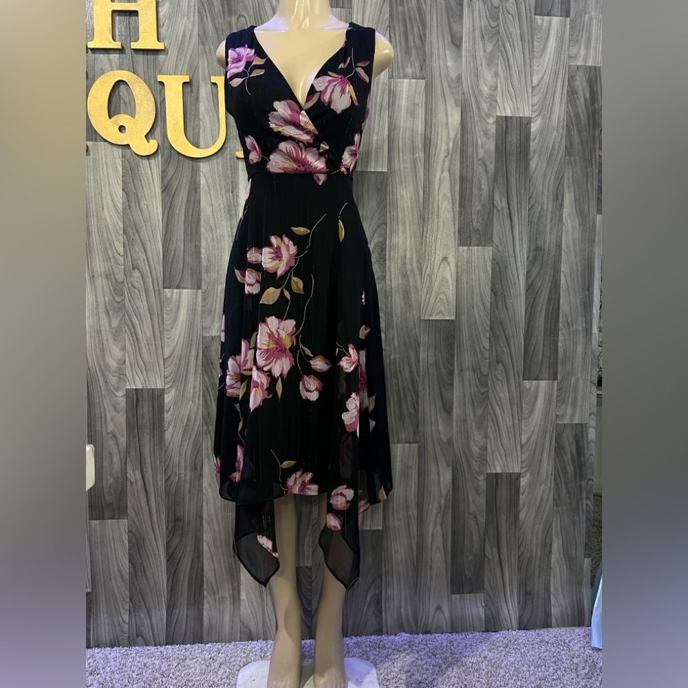 Gabby Skye Black and Pink Floral High Low Dress